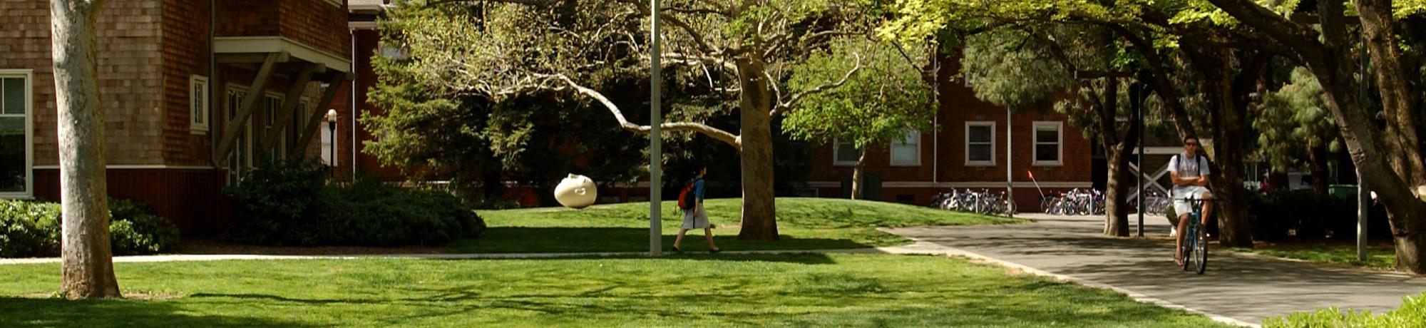 student riding a bike at the east entrance to UC Davis