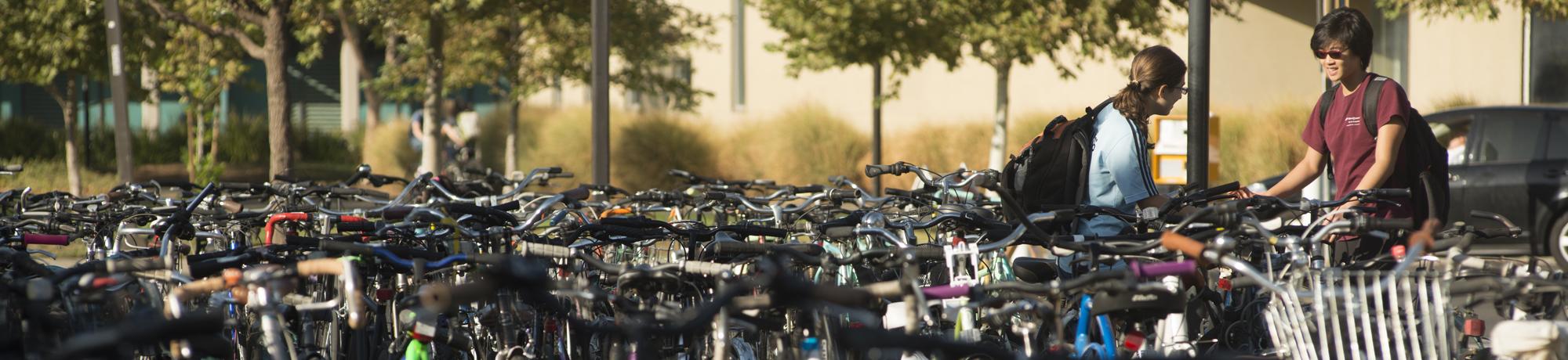 two students talking by dozens of parked bikes